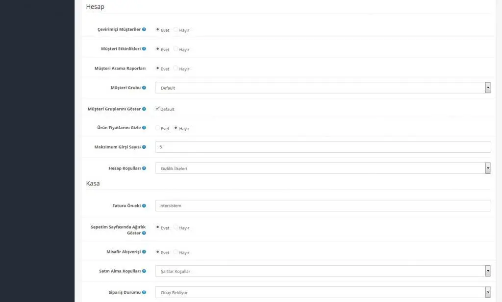 E-Ticaret sitesi mağaza seçenek ayarları