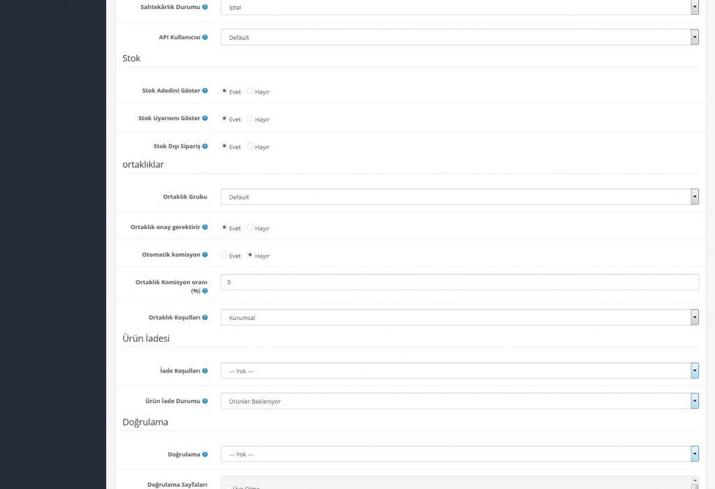 E-Ticaret sitesi mağaza seçenek ayarları