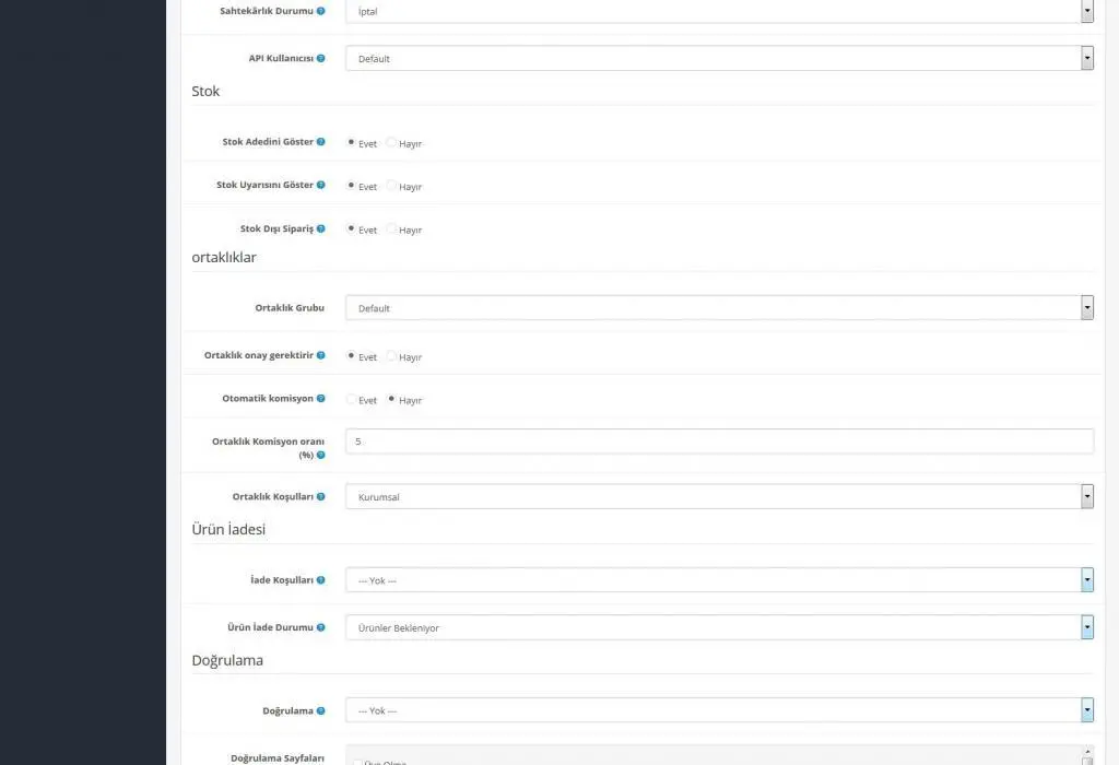E-Ticaret sitesi mağaza seçenek ayarları