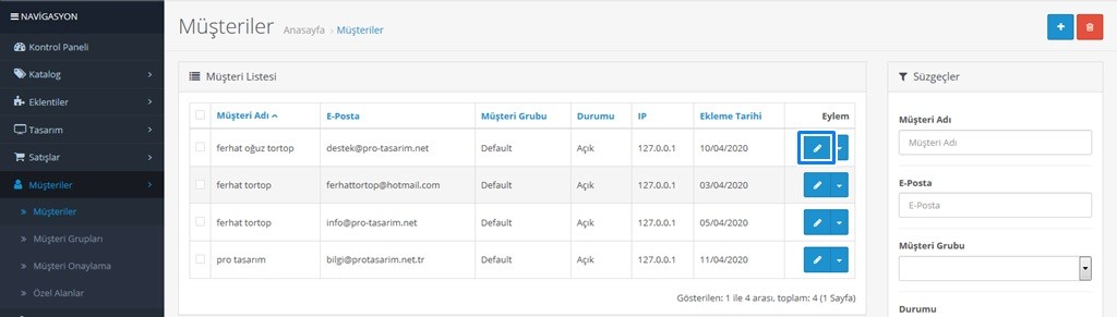 Opencart Müşteri Yönetimi