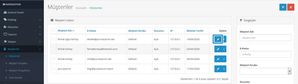 Opencart Müşteri Yönetimi