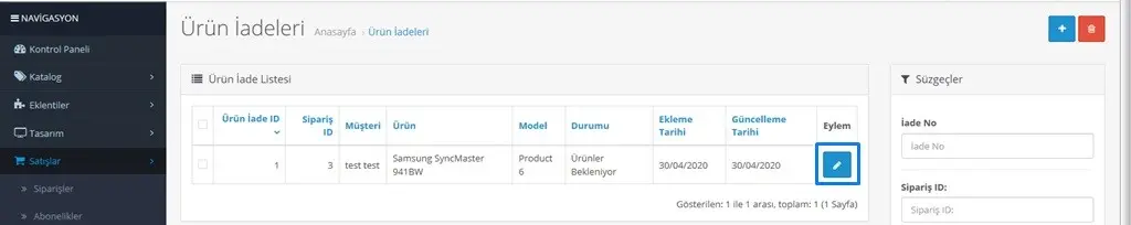 Opencart Ürün İade Yönetimi Müşteri ürün iade formu