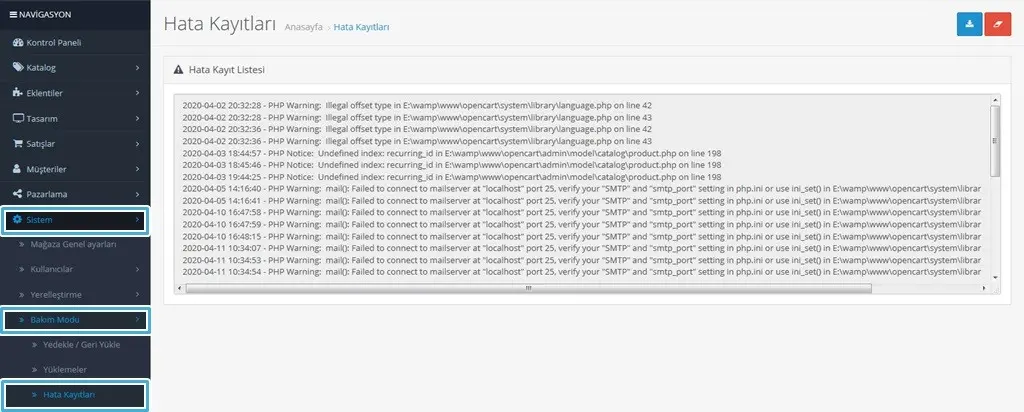 Opencart Hata Kayıtları