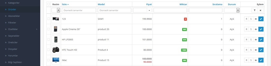 Opencart Toplu Güncelleme  Varsayılan listede çalışma