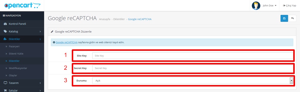 Opencart Google reCAPTCHA Aktif Etme