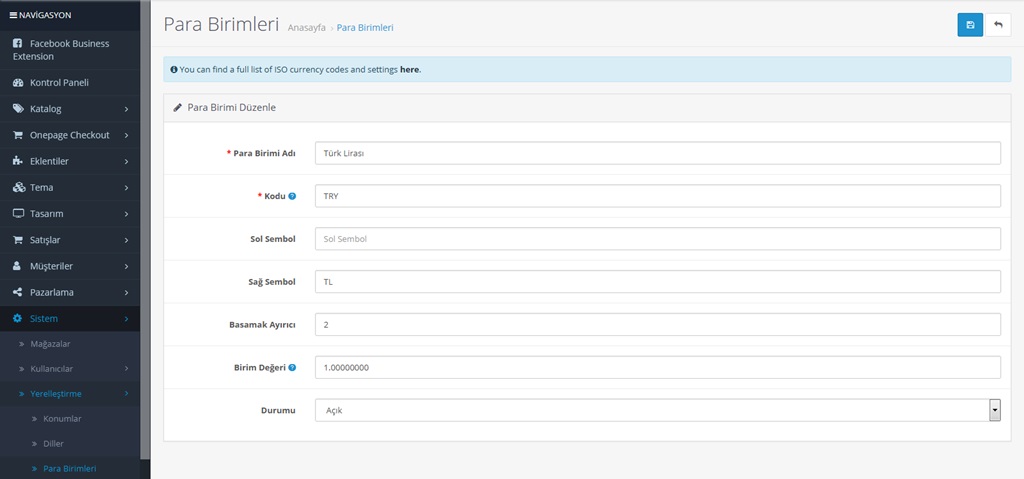 Opencart para birimi ayarları