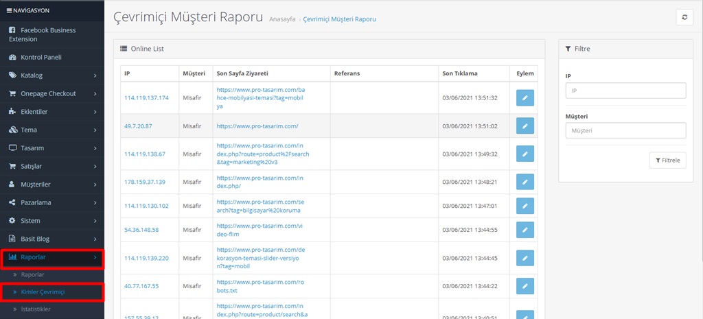 Opencart Çevrimiçi Müşteri Raporu Görüntüleme