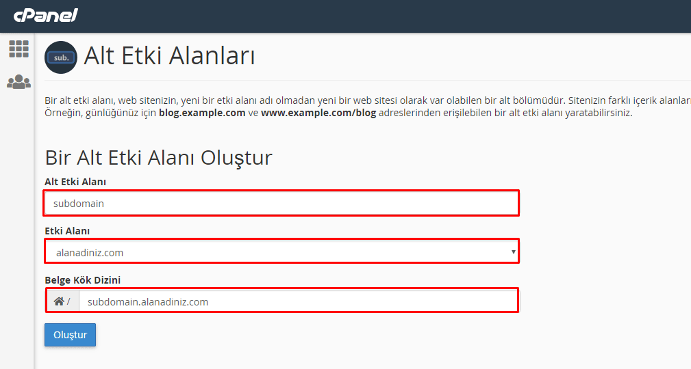 cPanel ile Subdomain Oluşturmak