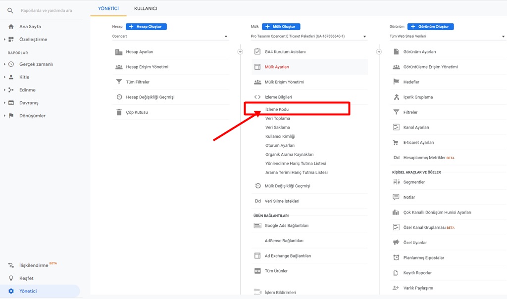 google analytics izleme kodu sekmesi