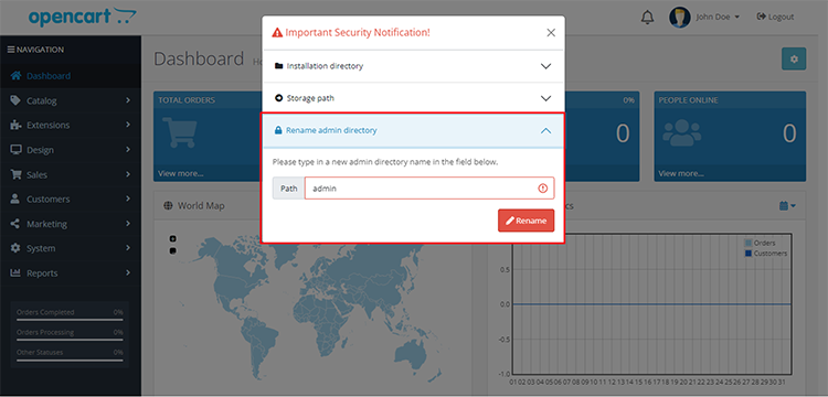 Opencart 4.0.0.0 Yeni Sürüm yönetici paneli giriş dizini değiştirme